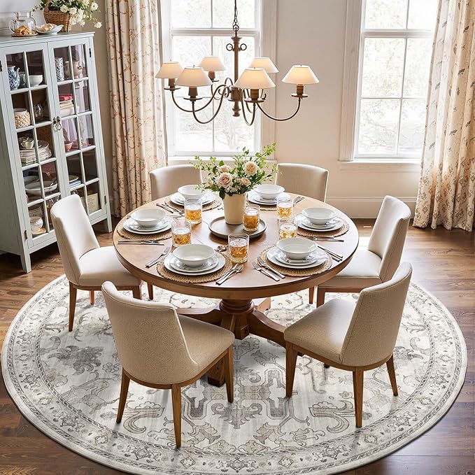 jinchan Round Rug 8ft Area Rug Vintage Floor Mat Kitchen Indoor Ultra-Thin Soft Floral Print Washable Circle 8' Accent for Farmhouse Non Slip Dining Room Living Room Bedroom Office Taupe