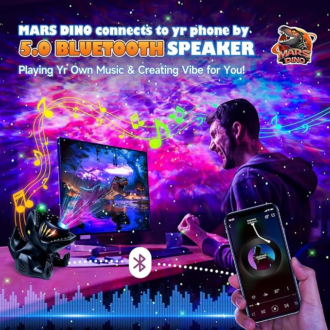 PIKOY Dinosaur Night Light & Sound Machine Baby | 22 White Noises+18 RGB Colors Galaxy Light Projector & Soothing Music | Bluetooth Speaker+Remote+Timer White Noise Machine | Dinosaur Gifts for Boys