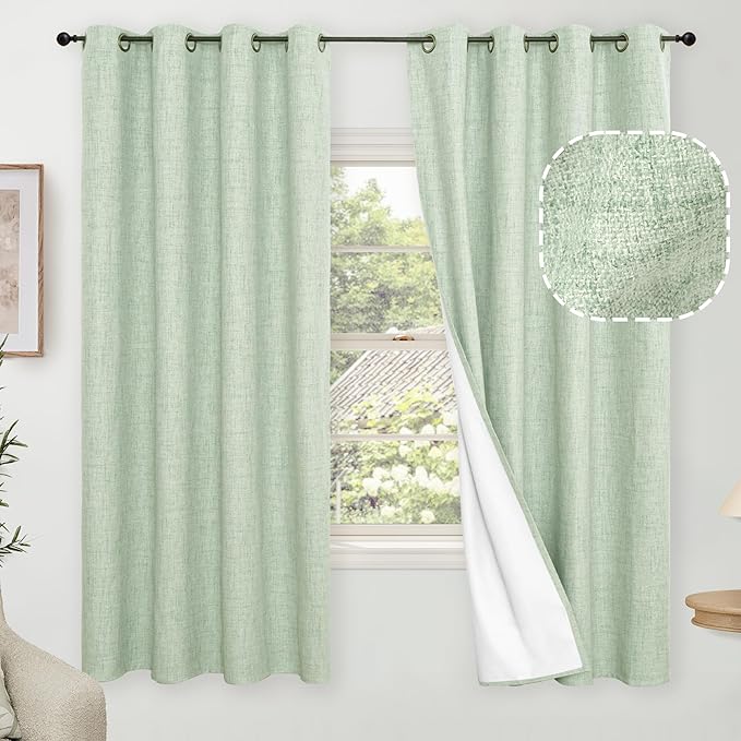 Sage Green Blackout Curtains for Bedroom - Linen Curtains 63 Inch Length Thermal Insulated Privacy Burlap Boho Window Drapes for Living Room Scandi Farmhouse Dining, 2 Panels, Each 52" Wide