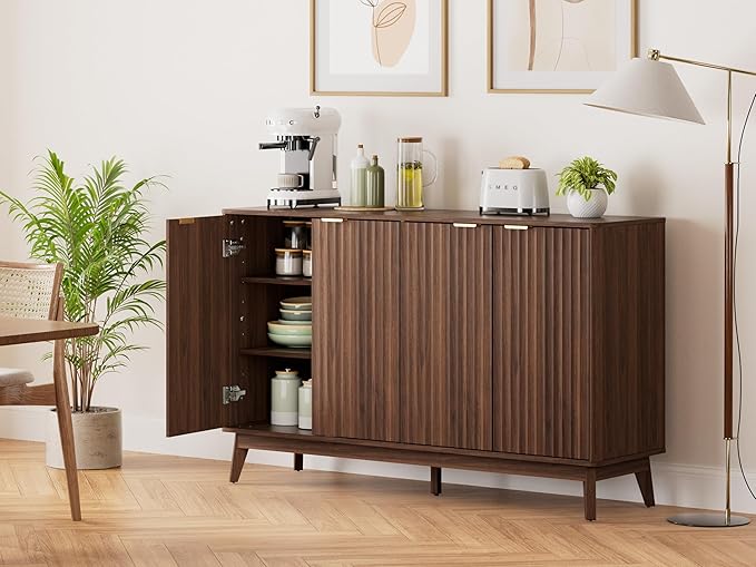 Sideboard Cabinet, 55'' Buffet Cabinet, Modern Fluted Storage Cabinet with Adjustable Shelf & Doors, Accent Credenza Sideboard for Kitchen, Coffee Bar, Living Room, Entryway, Hallway