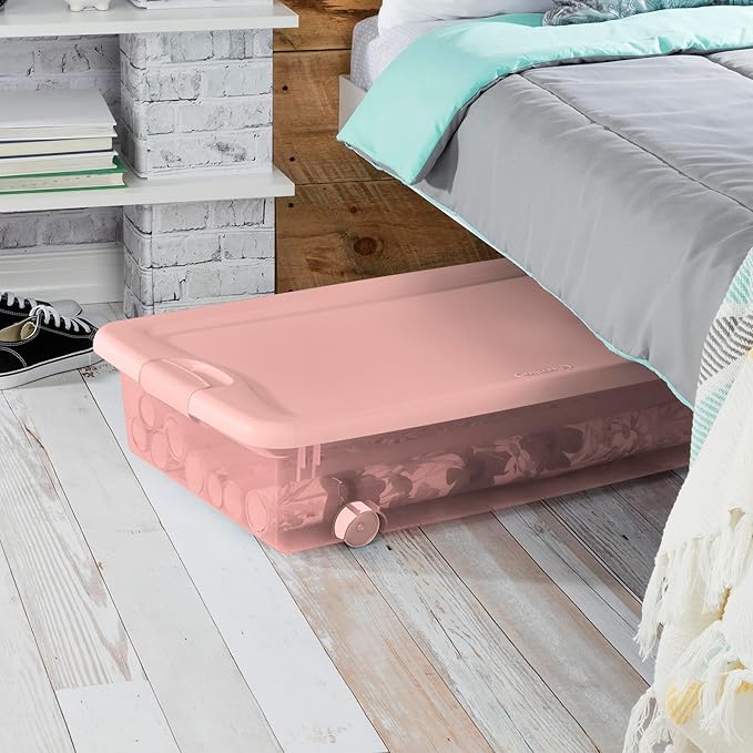 Sterilite 4 Pack Wheeled Under Bed Storage Container, 56 Qt Plastic Bin w/Latching Lid for Organization - Clothes & Shoes Organizer, Pearl Blush Tint