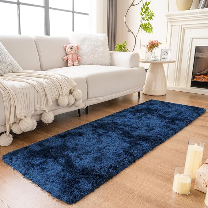duduta Navy Blue Fluffy Plush Runner Rugs 2x6 ft Tie Dye Rectangle Shag Rug for Bedroom Dorm Living Room Kids Room, Machine Washable Anti-Slip
