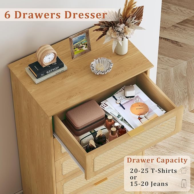 6 Drawer Tall Dresser for Bedroom, 50 Inch Tall Dressers & Rattan Chest of Drawers, Boho Style, Wood Modern Dressers Organizer for Bedroom, Living Room, Hallway, Entryway, Natural Oak