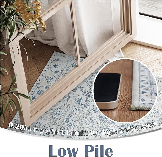jinchan Lima Runner Rug 2x6 Washable Hallway Runner - Vintage Floral Non Slip Low-Pile Soft Ultra-Thin Kitchen Rug Distressed Carpet for Farmhouse Bedroom Entryway Laundry Room (2x6ft, Blue)