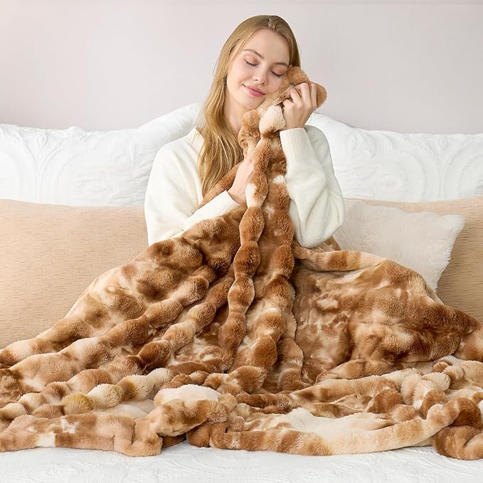 Cozy Bliss Faux Fur Throw Blanket for Couch, Fuzzy Soft Plush Thick Striped Blanket for Sofa Bedroom Living Room, 60 * 80 Inches Tie-dye Brown