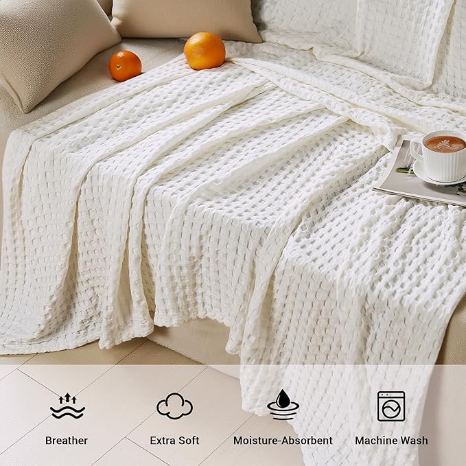 Aganear Waffle Blanket - Lightweight Breathable Summer Blanket of 50% Cotton and 50% Rayon Derived from Bamboo for Hot Sleepers Luxury Throws for Bed, Couch and Sofa,White,66x90 Inches