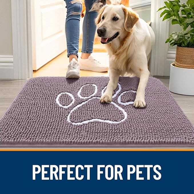 OLANLY Dog Door Mat for Muddy Paws 30x20, Paw Print Design, Absorbs Moisture and Dirt, Absorbent Non-Slip Washable Doormat, Quick Dry Chenille Mud Mat, Entry Indoor Entryway Carpet, Deep Plum