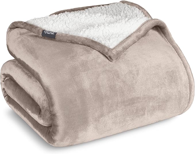 Bare Home Sherpa Fleece Blanket - Throw/Travel Size - Blanket for Bed, Sofa, and Couch - Warm & Lightweight - Fluffy & Soft - Reversible (Throw/Travel, Light Taupe)