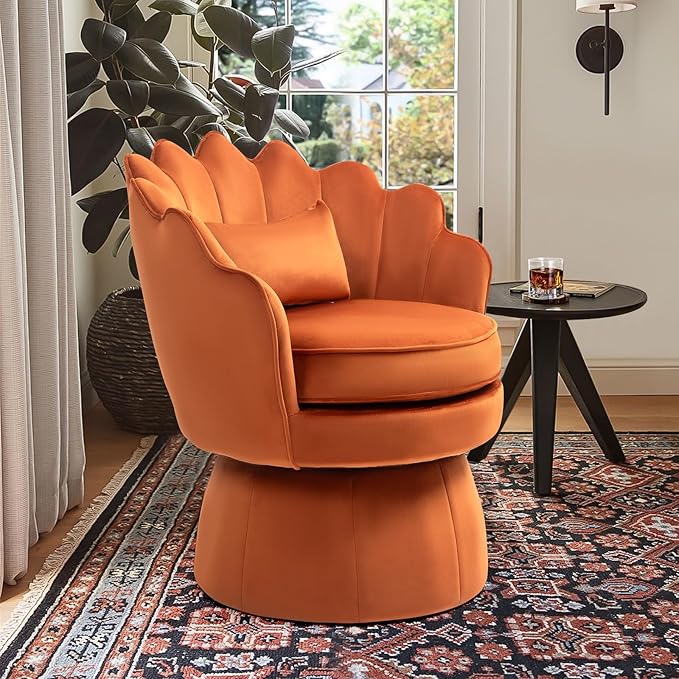 360° Swivel Accent Chair, Mid-Century Modern Velvet Barrel Chair, Comfy Shell Shape Arm Chair with Lumbar Pillow for Living Room, Bedroom, Office, Orange
