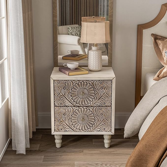 COSIEST 2 Pieces Nightstand, 14" D x 18" W x 21.5" H MDF End Table with 2 Drawers, Vintage Style Wood Bedside Table, Bedroom Accessories for Home, Office, College Dorm