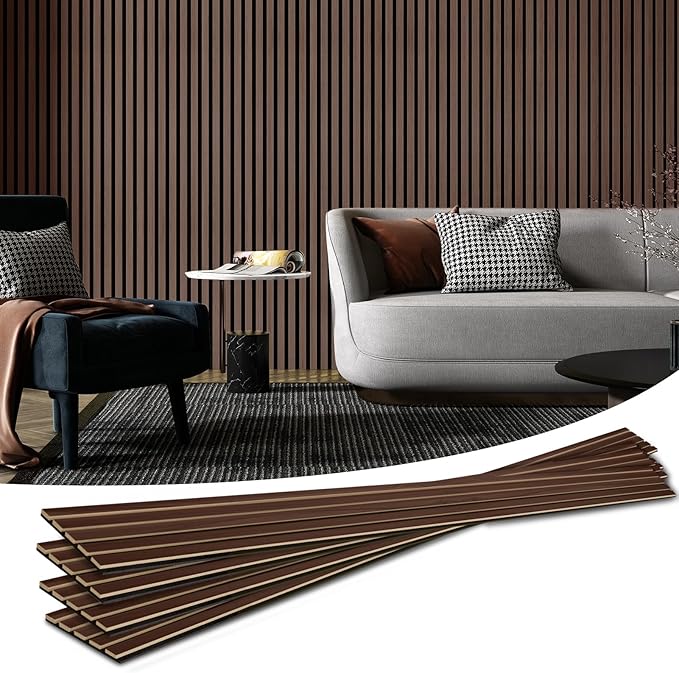 Art3d 4pcs-107 x 8in Slat Acoustic Panel for Wall and Ceiling, 3D Fluted Sound Absorbing Panel with Wood Finish, Dark Walnut