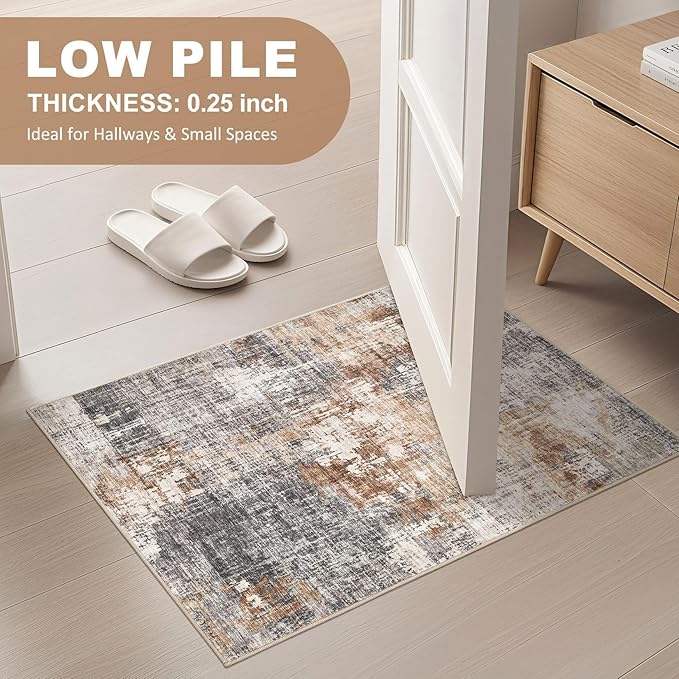 2x3 Entryway Area Rug: Washable Neutral Modern Abstract Small Rug - Non-Slip Low Pile Throw Indoor Carpet for Entrance Kitchen Front Door Mat Bathroom Entry Kids Room - Grey Brown