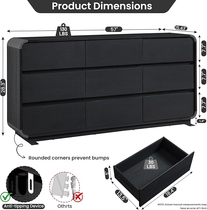 9 Dresser for Bedroom, 57" Wide Vertical Drawer Dresser with Large Storage, Wooden Drawer Closet for Bedroom, Living Room, Black