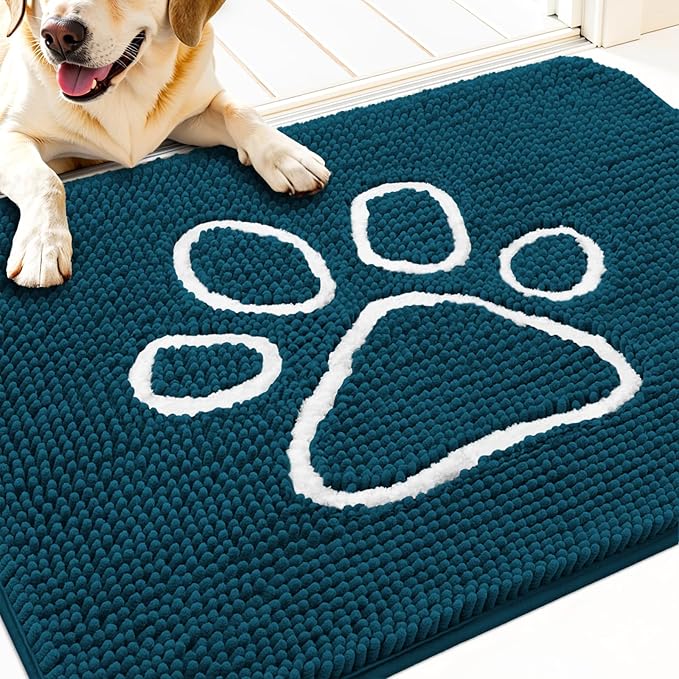 OLANLY Dog Door Mat for Muddy Paws 32x20, Paw Print Design, Absorbs Moisture and Dirt, Absorbent Non-Slip Washable Doormat, Quick Dry Chenille Mud Mat, Entry Indoor Entryway Carpet, Atlantic Blue