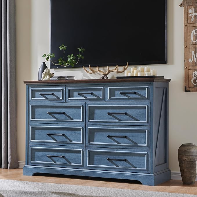 JXQTLINGMU 9 Drawers Dresser for Bedroom, Farmhouse 52'' Wide Dressers & Chests of Drawers w/Roman Column, Large Storage Dressers Organizer for Bedroom Hallway, Blue