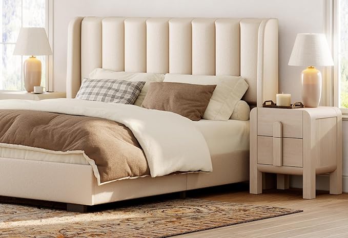 WAMPAT 23.7" Tall Modern Nightstands Set of 2, Wood Nightstand with Charging Station, Bedside Table w/2 Storage Drawers, Curved Profile Design, Sofa Side Table Accent Table for Bedroom, Beige