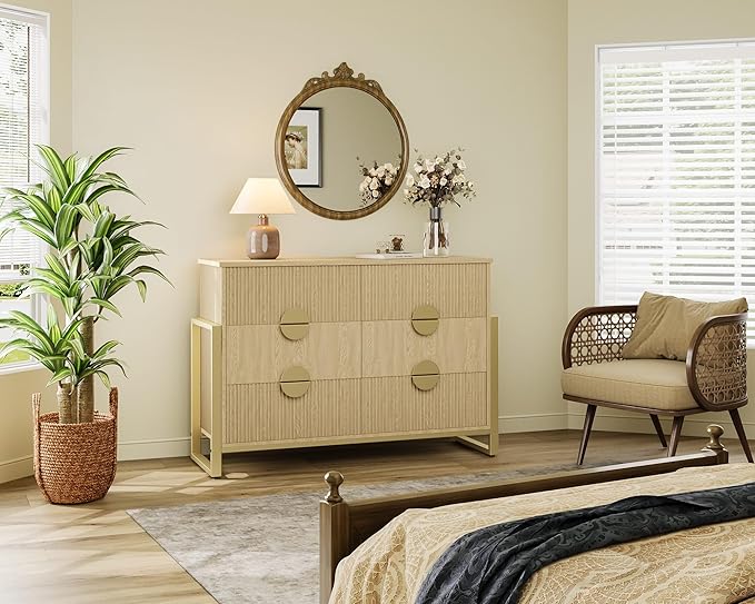 LGHM Fluted Dresser for Bedroom with 6 Drawers, 6 Drawer Dresser, 50" W Chest of Drawers Closet Organizers & Storage Clothes -Solid Semicylinder Fluted Drawers, Bold Reinforcement Metal Frame, Oak