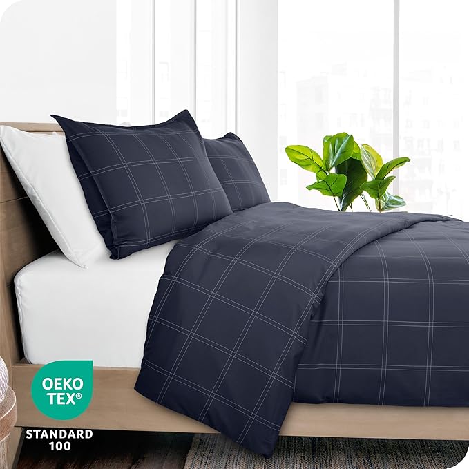 Bare Home Bedding Duvet Cover Set Extra Long Size - Premium 1800 Collection - Lightweight, Cooling - Soft Textured (Twin/Twin XL, Modern Plaid - Midnight Blue/White)