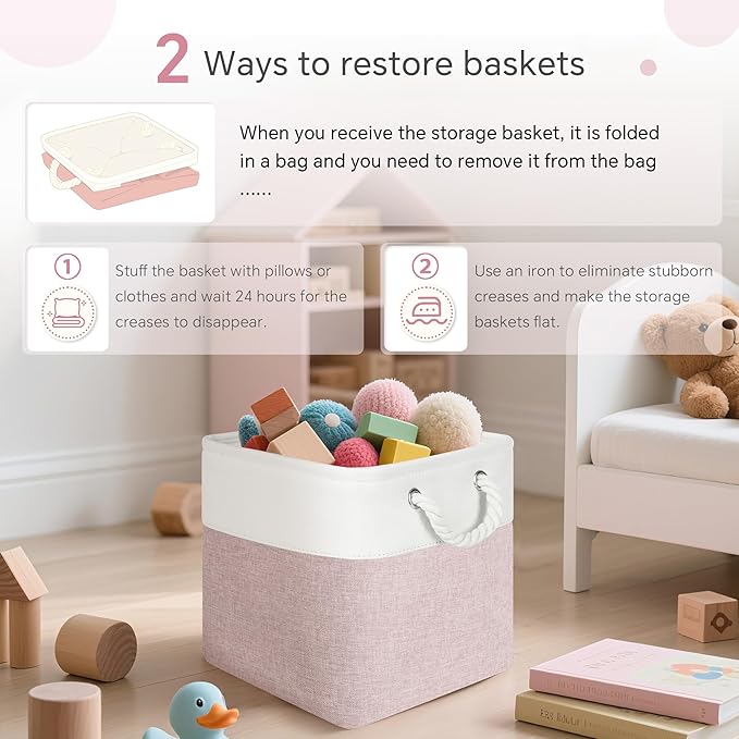 Cube Storage Bins, 6 Pack 11x11 inch with Cotton Handles for Closet, Shelves, Clothes, Towel (White/Pink)
