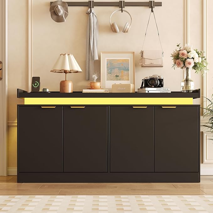 LED Sideboard Buffet Cabinet with Storage, 63'' Large Kitchen Buffet Cabinet Storage Cabinets with 4 Doors, Wood Coffee Bar Cabinets Buffet Table for Kitchen, Dining Room, Entryway
