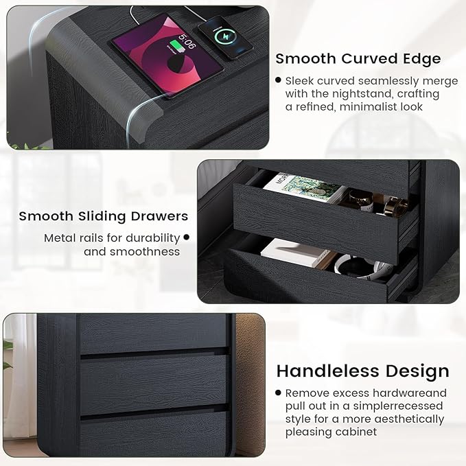 Black Night Stand with Charging Station, 25" Tall Wood Bedside Table, Modern End Table Dresser with 3 Storage Drawers, Curved Profile, Mid Century Nightstand for Bedroom Dorm Sofa Office
