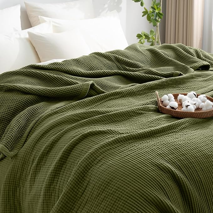 PHF 100% Cotton Waffle & Muslin Blanket King Size, Soft Breathable Luxury 400GSM Versatile Reversible Bedding for Bed, Great for Layering in Cold Weather, Home Decor Gift, 104" x 90", Olive Green