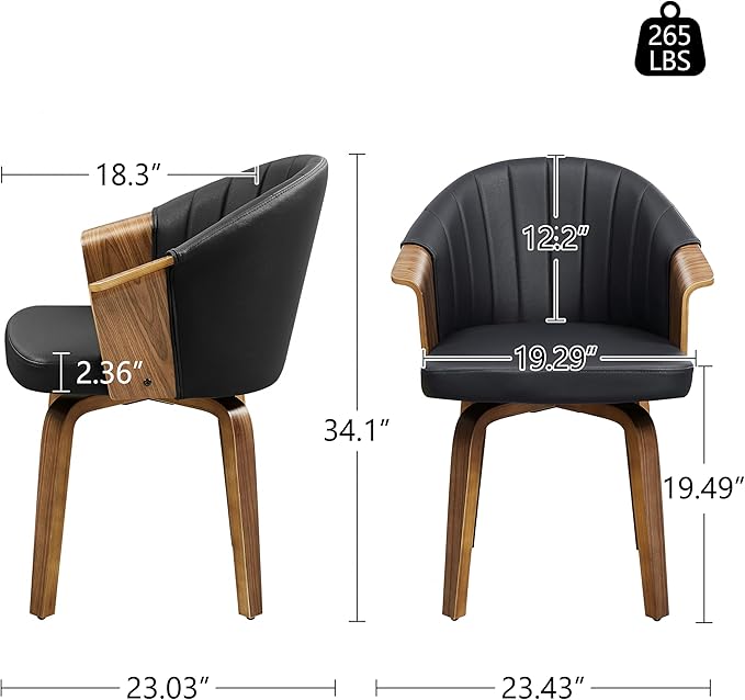 Art Leon Swivel Dining Chairs, Set of 2, Mid Century Modern Faux Leather Upholstered Kitchen Dining Room Chairs, Accent Desk Chairs with Wood Legs, Black/Walnut