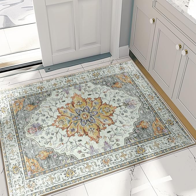 Area Rugs 2'x3' Washable Non-Slip, Floral Vintage Distress Print Pattern Medallion Carpet for Living Room Bedroom Dining Room, Light Yellow Carbon Grey Orange