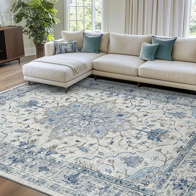 Area Rugs 7'x9' Washable Non-Slip, Floral Vintage Distress Print Pattern Medallion Carpet for Living Room Bedroom Dining Room, Light Blue Navy Beige Gray White