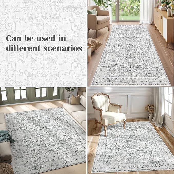 jinchan Lima Kitchen Runner Rug 2x8 - Vintage Floral Machine Washable Non-Slip Hallway Runner Rug with Rubber Backing Ultra-Thin Carpet for Bedroom Laundry Room Farmhouse (2x8ft, Grey)