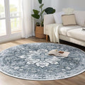 Area Rugs 6ft Washable Non-Slip, Floral Vintage Distress Print Pattern Medallion Carpet for Living Room Bedroom Dining Room, Light Gray Grey White