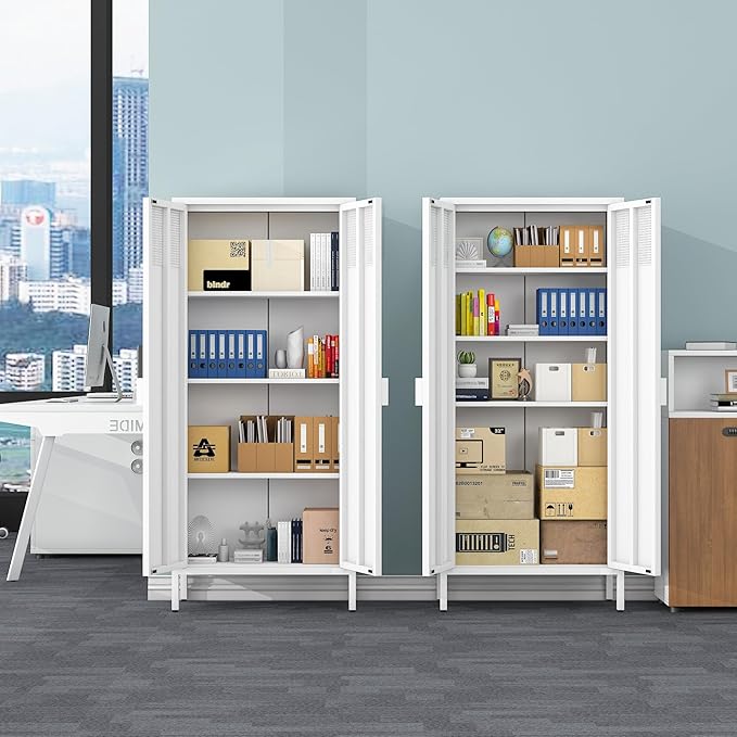 COFaR 4 Tier Black Metal Storage Cabinet, Free Standing with 2 Doors, 3 Adjustable Shelves and Legs, Cupboard Metal Cabinet for Living Room, Kitchen, Dining Room, Office