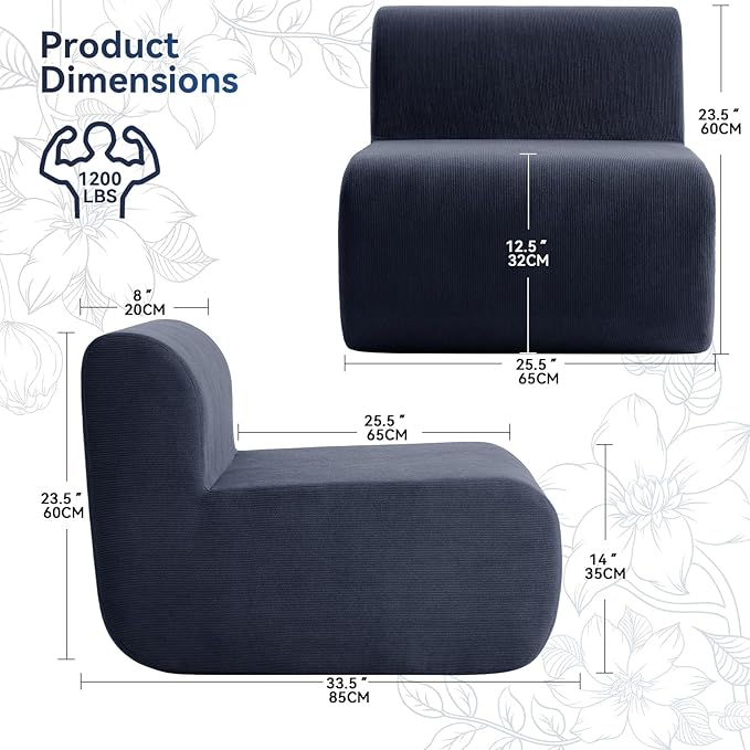 26" Single Sofa, 1 Seater Armless Corduroy Couch, No Assembly Modern Boneless Couch Compression Sofa in Box, Floor Sofa with Ergonomic Design for Living Room, Dark Blue
