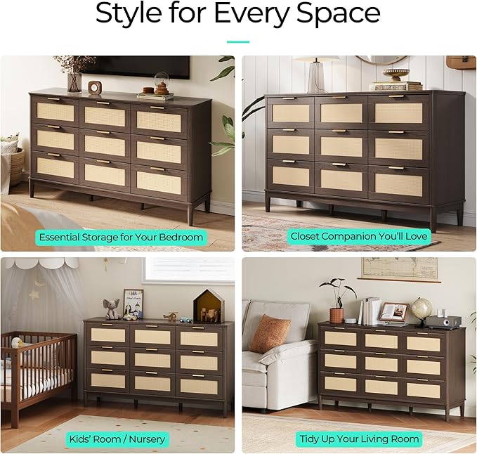 LINSY Rattan 9 Drawer Dresser for Bedroom, 58" Wide Mid-Century Modern Tall Chest of Drawers, Deep Storage Dresser with Curved Corner Design, Large Accent Wood Cabinet for Bedroom, Walnut