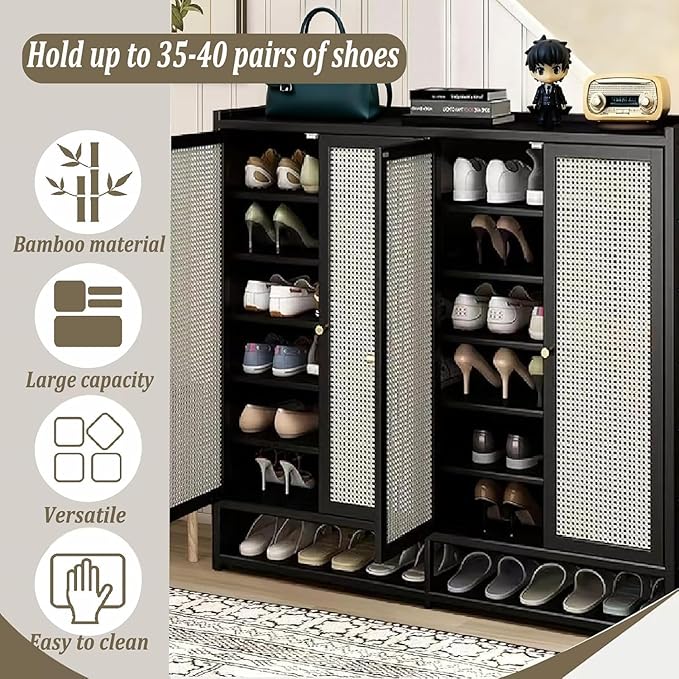 Bamboo Shoe Cabinet, 36-40 Pairs 8 Tier Shoe Rack with Doors, Freestangding Shoe Cabinet Organizer with Shelves, 43" Tall Shoe Rack Organizer for Entryway, Closet, Hallway