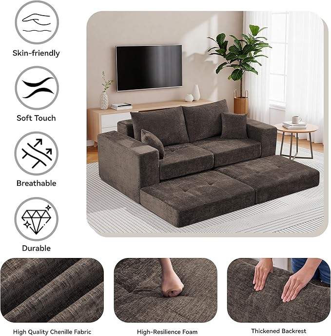 Boneless Sectional Loveseat Couch with Ottoman, Convertible Tufted Button Modular Floor Sleeper Sofa Bed, Comfy Foldable Compression Love Seat Sofa for Living Room, No Assembly, Brown