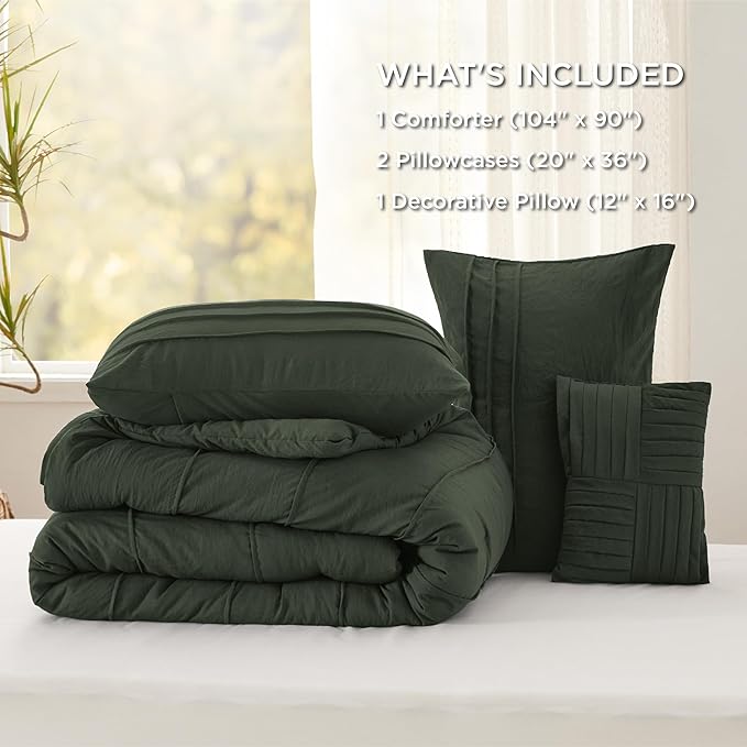 Bedsure King Comforter Set - 4 Pieces Pinch Pleat Bed Set, Olive Green Boho Bedding for All Season, 1 Soft Comforter, 2 Pillowcases, 1 Decorative Pillow
