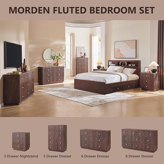 Fluted Dresser for Bedroom, 5 Drawer Dressers, Wood Tall Dresser Storage Organizer, Chest of Drawers with Deep Storage, Modern Bedroom Chest for Closet Hallway, Entryway, Living Room,Brown