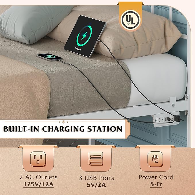 WLIVE Metal Platform Bed Frame, King Size Bed Frame with Headboard, Bed Frames with LED Lights and Charging Station, 1500LBS Mattress Foundation, Under Bed Storage, No Box Spring Needed, White