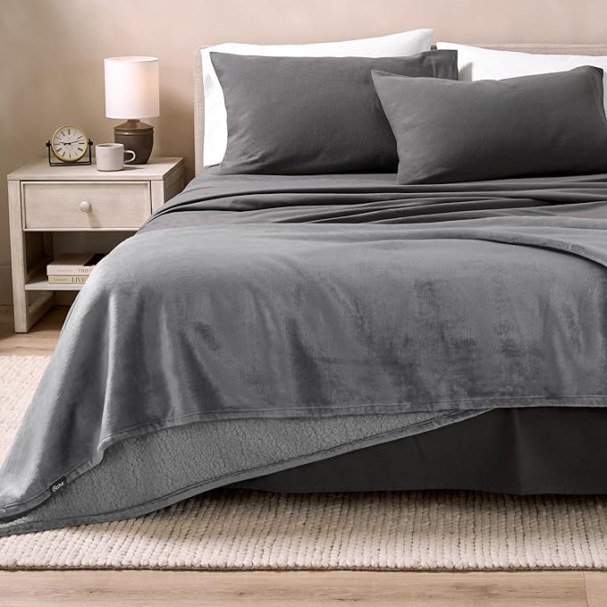 Bare Home Sherpa Fleece Blanket - Throw/Travel Size - Blanket for Bed, Sofa, and Couch - Warm & Lightweight - Fluffy & Soft - Reversible (Throw/Travel, Grey with Grey Sherpa)