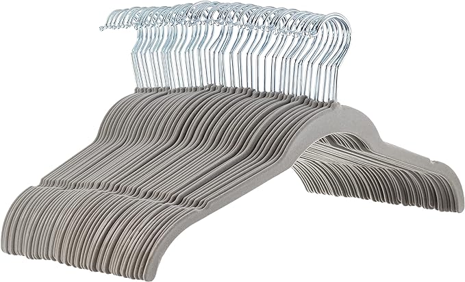 Amazon Basics Slim, Velvet, Non-Slip Shirt Clothes Hangers, Gray/Silver - Pack of 50