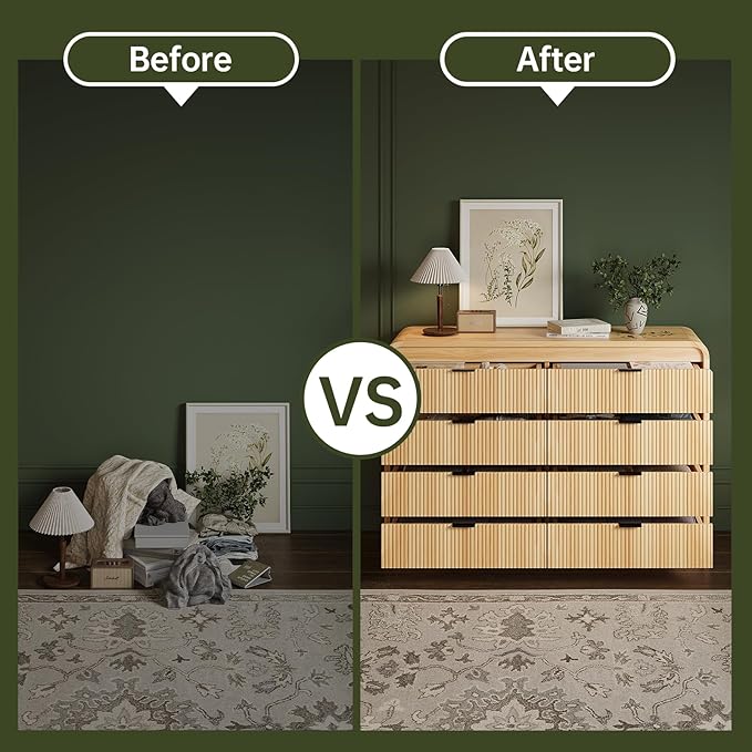 FURSUN Fluted 8 Drawers Dresser for Bedroom, 55" Wide Wooden Dresser with Metal Handle, Curved Profile Design, Modern Storage Organizer for Bedroom, Living Room, Hallway, Natural Oak