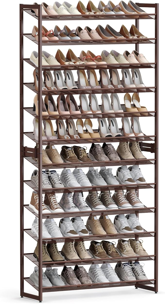 SONGMICS Shoe Rack, 12-Tier Shoe Organizer, Metal Rack for Garage, Set of 2, 6-Tier Stackable Shelf, with Adjustable Flat or Angled Shelves, Holds 48-60 Pairs, Bronze ULMR12A