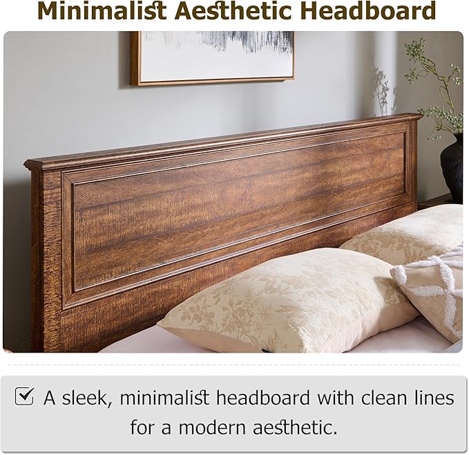T4TREAM Farmhouse King Bed with Headboard and Storage Bench, Rustic Wood Platform Bed with 80" Storage Chest w/ 4 Large Drawer, Dark Brown