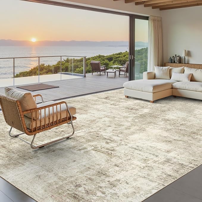 Abstract Rug 8x10 Large Living Room Rugs Neutral Modern Washable Area Rugs for Bedroom Dining Room Non-Slip Stain Resistant Foldable Thin Rug Beige Gray