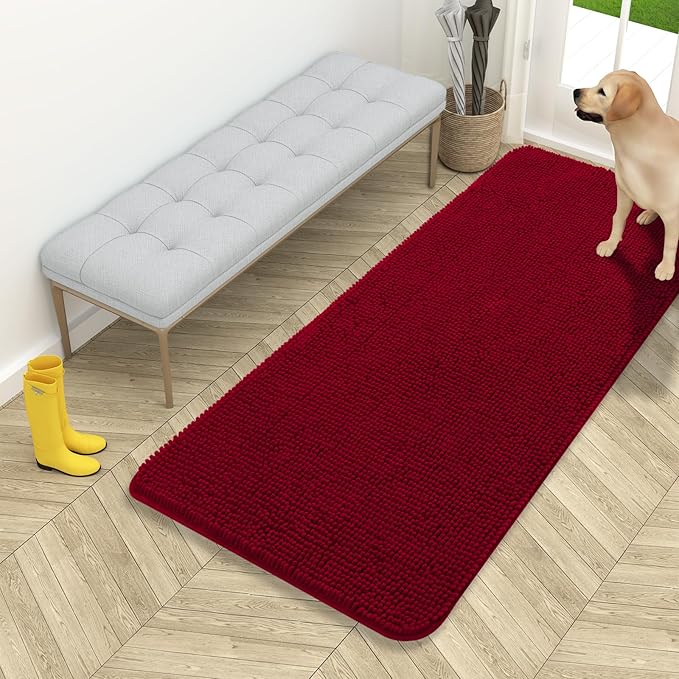 OLANLY Dog Door Mat for Muddy Paws 54x24, Absorbs Moisture and Dirt, Absorbent Non-Slip Washable Doormat, Quick Dry Chenille Mud Mat for Dogs, Entry Indoor Entryway Carpet for Inside Floor, Red