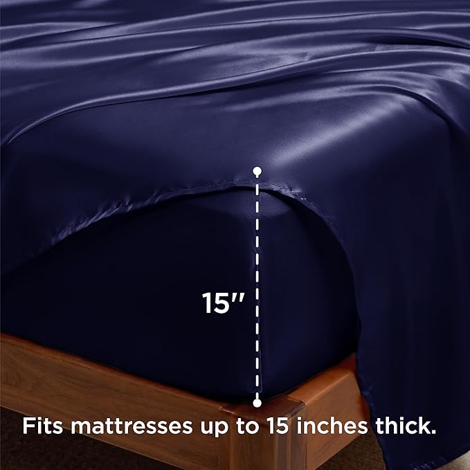 Bedsure Satin Sheets Queen Size - 4 Piece Silky Bedsheets with 15 Inches Deep Pocket Fitted Bedsheet,1 Flat Sheet, 2 Satin Pillowcases, Good for Hair & Skin (Queen, Navy)