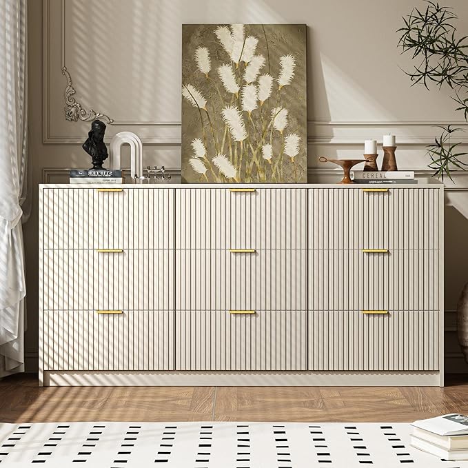 Beige 9 Drawer Dresser for Bedroom, 63" Wide Modern Fluted Dresser with Gold Metal Handles, Chest of Drawers for Bedroom, Living Room, Entryway, Hallway