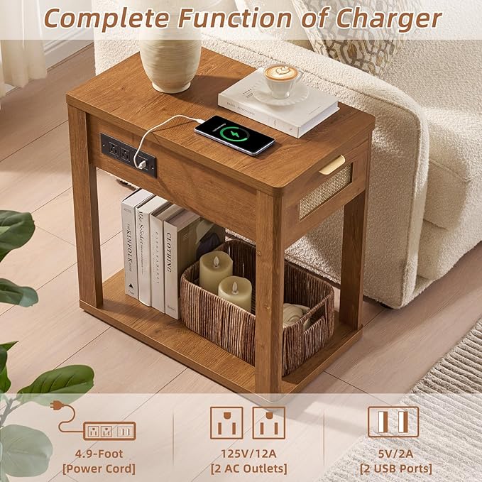 LEYAOYAO Narrow Side Table with Charging Station, 24x14''Rattan Night Stand with Drawer Storage, Brown Bedside End Table with Metel Handle for Small Spaces Wood Boho Nightstand for Living Room Bedroom