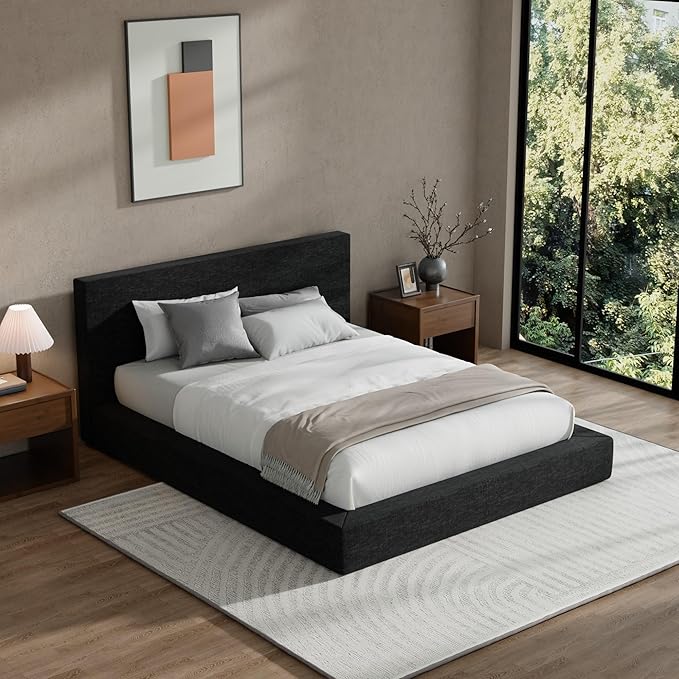 RECCI Cloud Upholstered King Bed Frame with Headboard, 5 Inch Foam Padded Platform, No Box Spring, Easy Assembly (Onyx Black)
